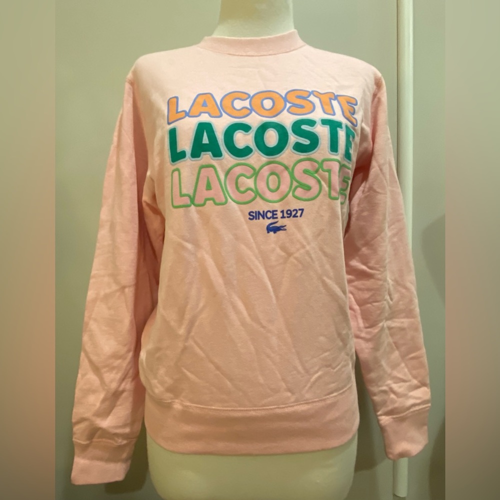 LACOSTE 100% Cotton French Terry Pink Logo Sweatshirt Sz EU 34/ US XXS NWT